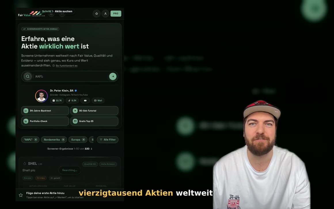 Standbild aus dem Tutorial: Peter Klein erklärt die Aktiensuche