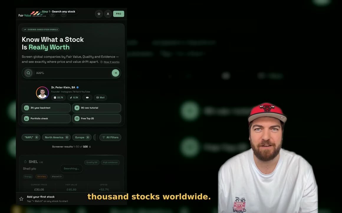 Still from the tutorial: Peter Klein explains the stock search