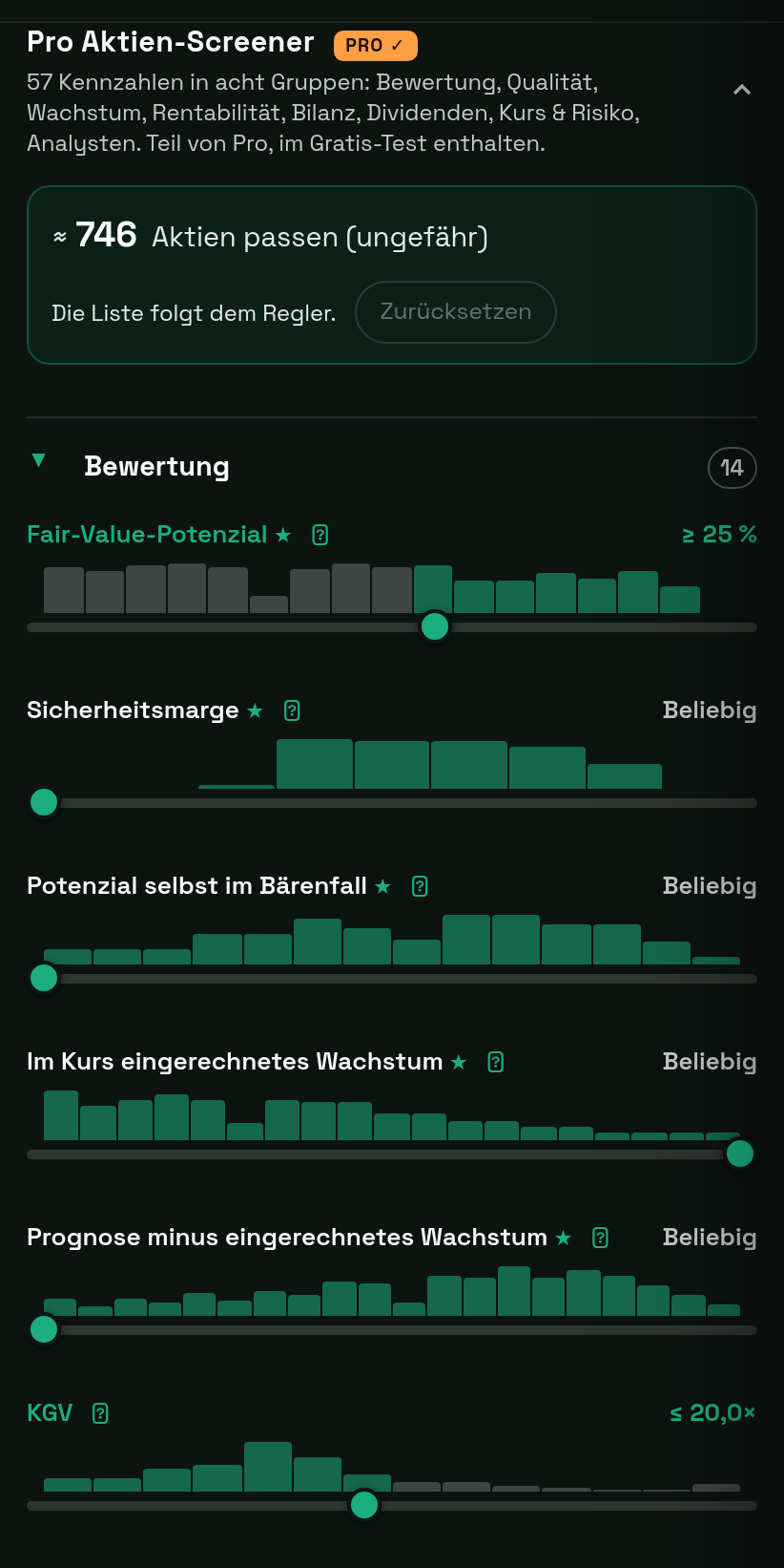 Pro-Screener im Fair Value Calculator: Trefferzahl und Verteilung je Regler