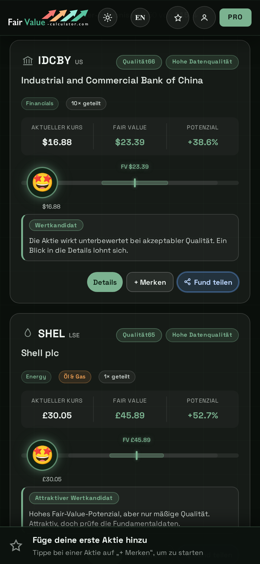 Der Screener — Aktien-Karten mit Potenzial zum Fair Value und Qualitäts-Score