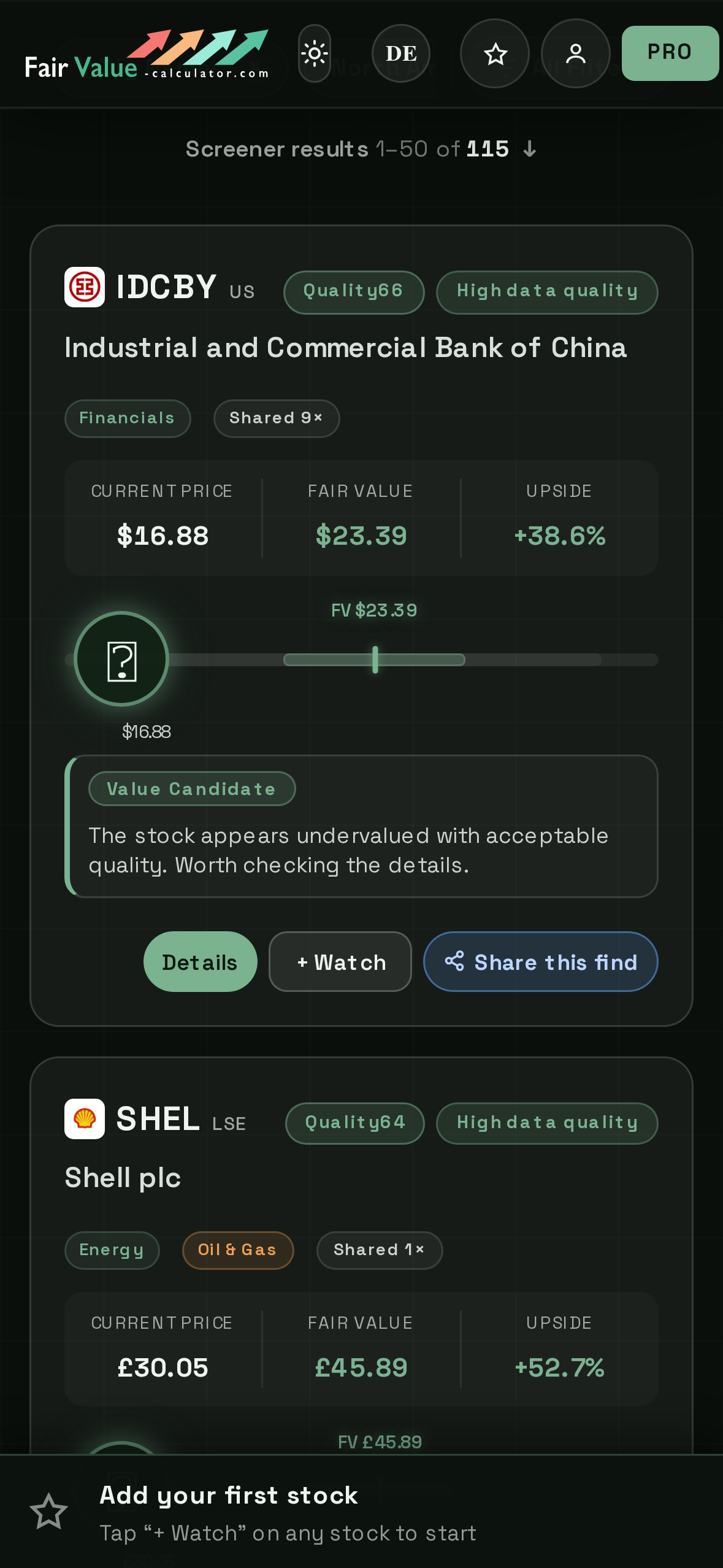 The screener — stock cards each showing the upside to Fair Value and the Quality Score