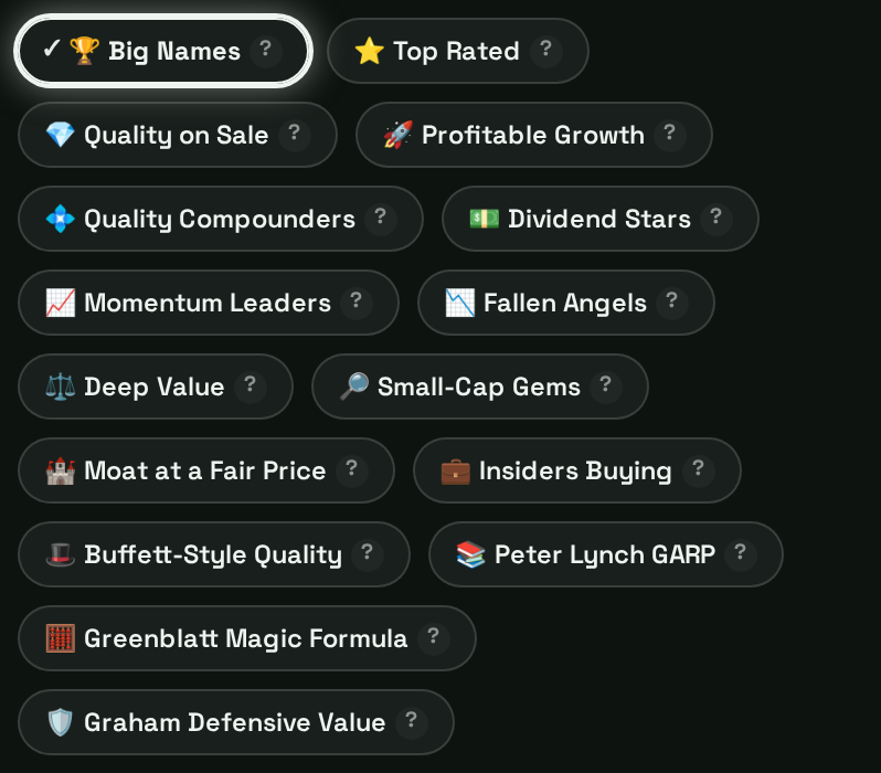 Ready-made strategy screens in the screener