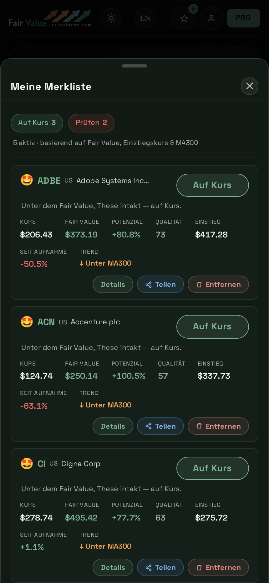 Die Merkliste — jede Position als „Auf Kurs“ oder „Prüfen“ markiert, mit Kurs, Fair Value, Potenzial und Qualität